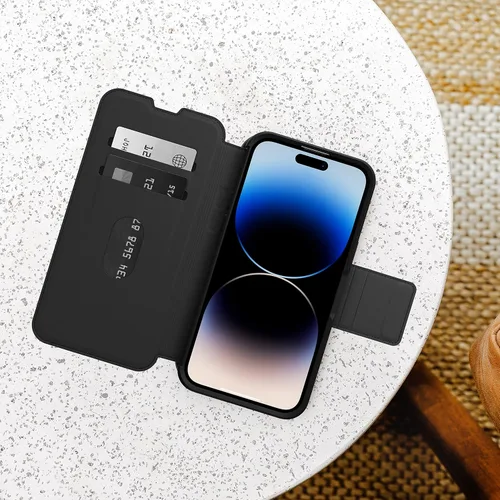 Vista 5 de OtterBox Funda para iPhone 14 Pro Max (solamente) Strada Series - SHADOW (negro), tarjetero, cuero genuino, fácil de guardar en el bolsillo