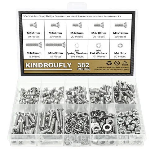 Vista 10 de Juego surtido de 382 piezas de tornillos de cabeza de botón M4 x 5/6/8/10/12/16/20mm, tuercas y arandelas, acero inoxidable 304, rosca totalmente