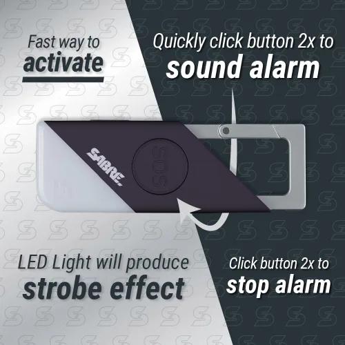 Vista 4 de Sabre Alarma personal 2 en 1 con luz LED y botón SOS, sirena de 130 dB escuchada desde 1,800 pies (1,640.4 ft), clip de resorte para fácil