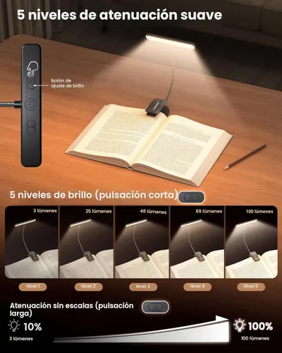 Vista 3 de Glocusent 26 luces LED para libros, 1200 mAh, 90 horas de duración, luz de lectura recargable, 5 colores ámbar y luz de lectura de libros
