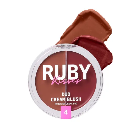 Ruby Kisses Rubor en crema dúo, suave, de aspecto natural, de larga duración para mejillas, labios y ojos, construible y mezclable, infundido con té