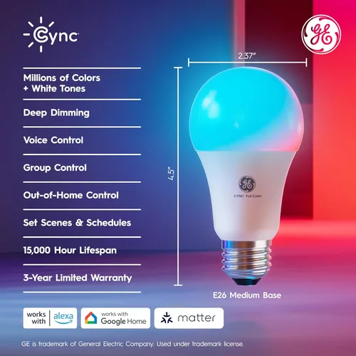 Vista 2 de Cync GE A19 Bombillas LED inteligentes, decoración de habitación con cambio de color, funciona con Alexa y Google Home, compatible con Matter, luces