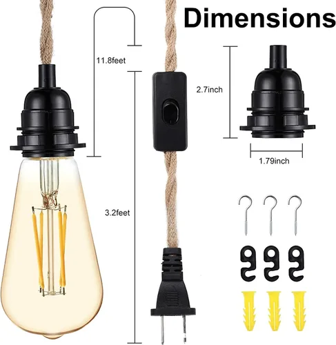 Vista 2 de Simple Deluxe Cable de luz colgante de 15 pies, enchufe E26 adecuado con interruptor, cuerda de cáñamo trenzada, kit de luz colgante
