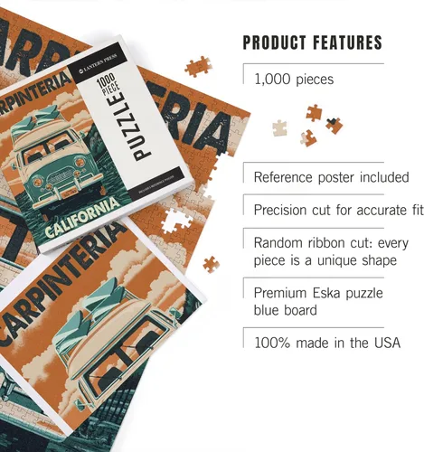 Vista 3 de Lantern Press Carpinteria, California, Letterpress, Camper Van 1000 Piece Jigsaw Puzzle for Adults, Made in USA with Reference Poster