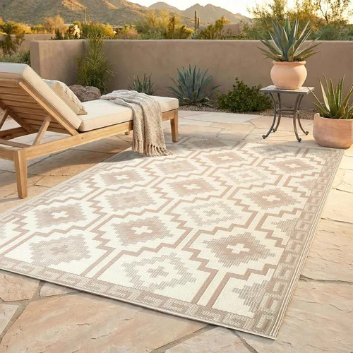 Vista 19 de Fab Habitat - Alfombra de exterior azteca, impermeable, resistente a la decoloración, sin arrugas, plástico reciclado de primera calidad, a rayas