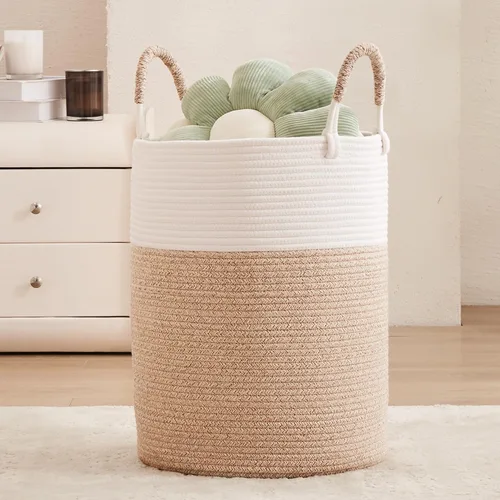 Vista 17 de Cesta de lavandería de 62L en negro con cuerda trenzada, cesta de almacenamiento para ropa y mantas, cesta alta y moderna para sala de estar
