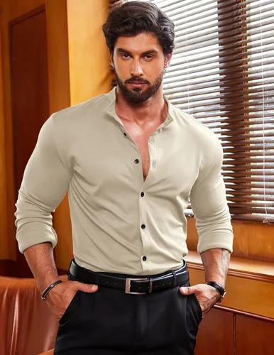 Vista 3 de COOFANDY Camisas de vestir con ajuste muscular para hombre, sin arrugas, de manga larga, casuales, con botones