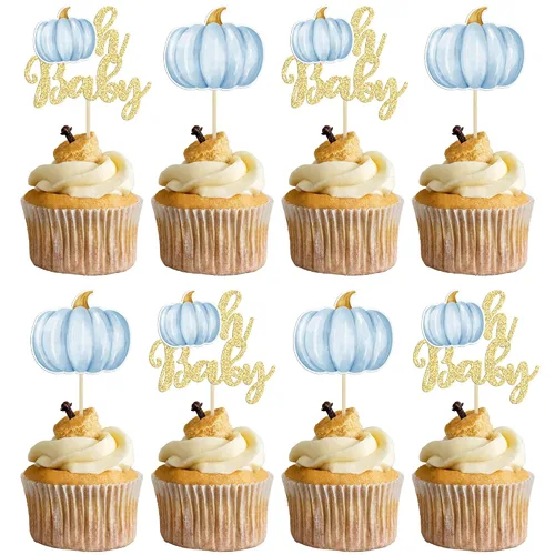 Gyufise 24 piezas de calabaza Oh Baby Cupcake Toppers Blue Fall Pumpkin Cupcake Picks Baby Shower decoración de pastel de calabaza temática de Azul 3