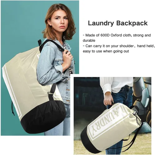 Vista 6 de Bolsa de lavandería de viaje de nylon beige para equipaje sucio resistente organizador de ropa sucia con cierre de cordón y correas de hombro ropa