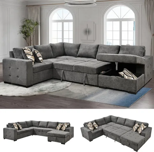 Vista 10 de THSUPER Sofá cama seccional de 123 pulgadas con cama extraíble, 6 plazas en forma de U de gran tamaño, sofás seccionales con diván de almacenamiento