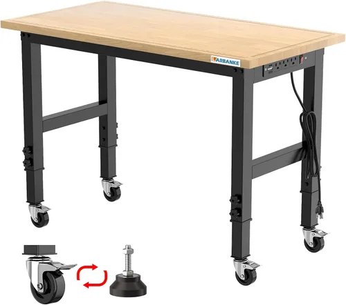Banco de trabajo ajustable de 48 pulgadas con ruedas, mesa de trabajo de madera de goma resistente con tomas de corriente, básculas de precisión y