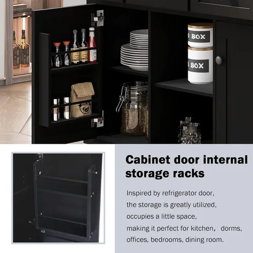 Vista 70 de P PURLOVE Carrito de isla de cocina con parte superior de madera y ruedas de bloqueo, carrito móvil de isla de cocina con armario de 4 puertas