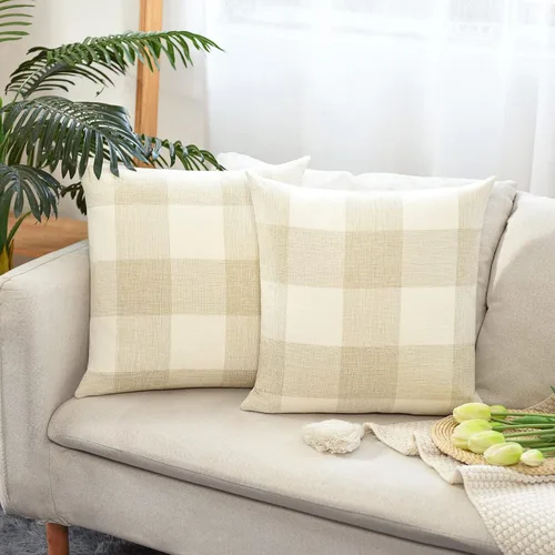 Vista 9 de Tosewever Juego de 2 fundas de almohada rústicas a cuadros de búfalo, fundas de almohada de lino y algodón para decoración del hogar, automóvil