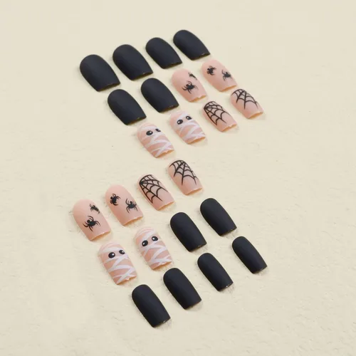 Vista 4 de Uñas postizas a presión de Halloween, uñas postizas cuadradas cortas con pegamento, lindas uñas postizas de tela de araña, uñas postizas de ataúd