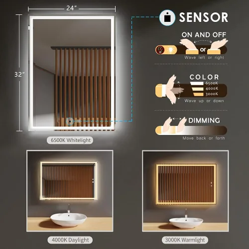 Vista 2 de GANPE - Espejo de baño LED de 24 x 32 pulgadas, espejo de tocador de inducción de onda manual con Bluetooth, iluminado, regulable, antiniebla, IP44