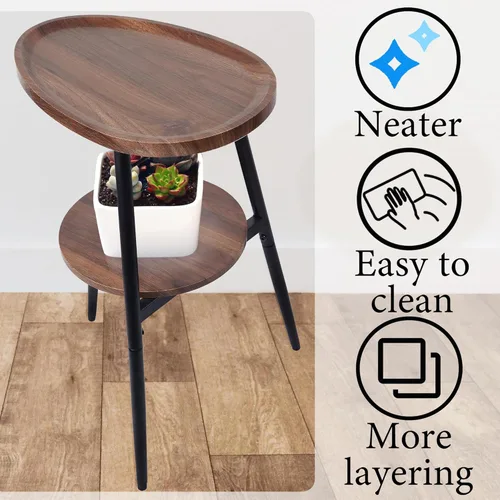 Vista 8 de Mesa auxiliar pequeña, mesa redonda ovalada de madera, mesa de sofá de 2 niveles, mesita de noche con marco de metal para sala de estar, dormitorio