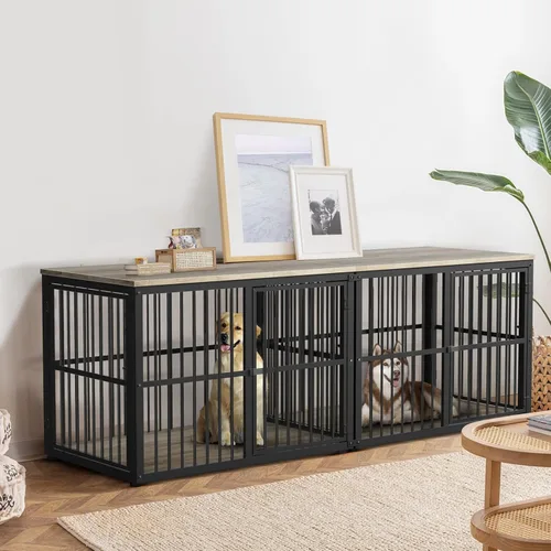 Vista 19 de Lyromix 94.48'' Mueble de jaula para perros de raza grande con soporte para TV de dos habitaciones, mesa auxiliar de jaula para perros de madera