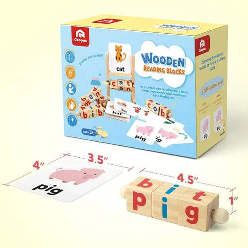 Vista 6 de Coogam Bloques de Lectura de Madera con Varillas de Vocales Cortas, Juegos de Ortografía, Tarjetas Didácticas Giratorias Rotativas, Rompecabezas