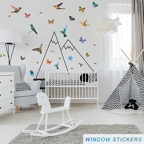 Vista 2 de 32 calcomanías de acuarela de mariposa y colibrí, calcomanías de pared de flor de libélula de abeja, decoración artística de pájaros voladores