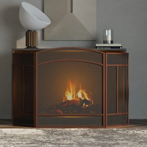 Vista 2 de Fire Beauty Pantalla para chimenea de 3 paneles de hierro forjado de 48 pulgadas de largo x 29 pulgadas de alto, cubierta de protección contra