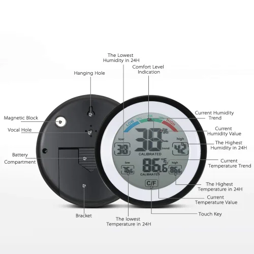 Vista 5 de Meichoon Higrómetro de termómetro para interiores y exteriores,Medidor electrónico inalámbrico de humedad de temperatura,Pantalla táctil redonda