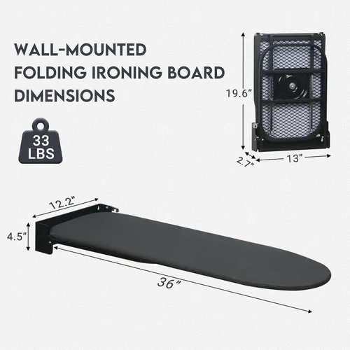 Vista 6 de Tabla de planchar para montar en la pared, compacta que ahorra espacio, tabla de hierro plegable para cuarto de lavado, 36 x 12 pulgadas, color negro