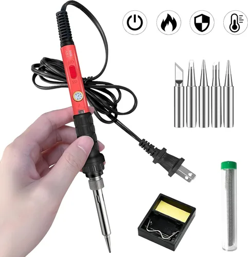 Vista 14 de Kit de soldador de 60 W y 110 V, temperatura ajustable, con puntas de hierro, soporte, esponja, alambre para soldar