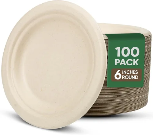 TaidMiao Platos de papel de 6 pulgadas, paquete de 100 platos desechables, platos 100% compostables, platos de postre a prueba de agua y aceite,