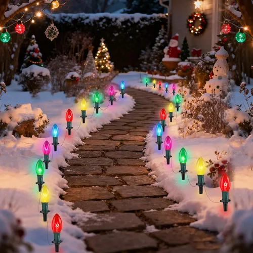 Vista 12 de Luces LED C9 para caminos de Navidad al aire libre, 38 pies, 25 bombillas LED C9 multicolor, luces de estacas de camino de Navidad, luces