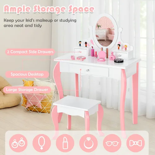 Vista 14 de KOTEK Juego de tocador para niños con espejo y taburete, tocador de madera de princesa 2 en 1 con espejo giratorio de 360°, parte superior