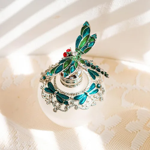 Vista 3 de YU FENG - Botella de perfume de cristal vacía de 40 ml con tapón de libélula verde, adornada con strass, rellenable, botella de vidrio