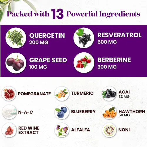 Vista 5 de Resveratrol Berberina Extracto de semilla de uva Quercetina - Suplemento de polifenol con extracto de noni, N-acetil cisteína, extracto de acai