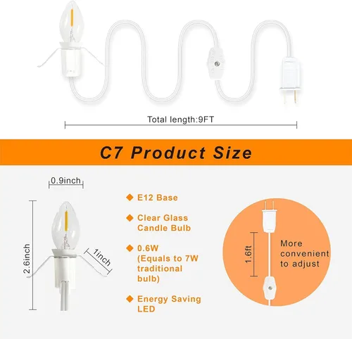Vista 3 de 4 Cables de Accesorios con 4 Bombillas de Luz LED Cable Blanco de 6 Pies con Interruptor de Encendido/Apagado Enchufes E12 Bombillas LED Candelabra