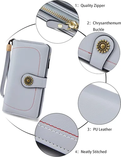 Vista 3 de OPAGE Cartera de cuero de gran capacidad para mujer con bloqueo RFID y cremallera alrededor