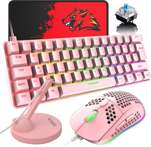 Combo de teclado y mouse 60% mecánico para juegos, mini 62 teclas tipo C Chroma 20 efectos retroiluminados arcoíris, mouse ligero RGB, almohadilla y