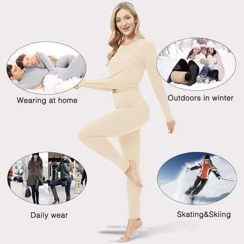 Vista 6 de Ropa interior térmica para mujer, conjunto de compresión de capa base cálida para invierno, forro polar, pantalones largos para correr y esquiar