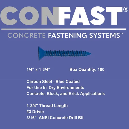 Vista 3 de CONFAST Anclaje de Tornillo de Concreto Phillips Plano Azul de 1/4 pulgadas x 1-3/4 pulgadas con Broca para Anclar a Mampostería, Bloque o Ladrillo
