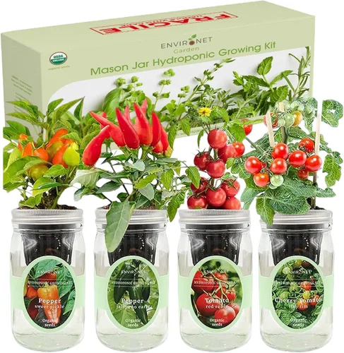 Vista 2 de Kit de cultivo de hierbas hidropónicas, tarro de masón de riego automático, kit de inicio de jardín de hierbas para interiores, cultiva 4 tipos