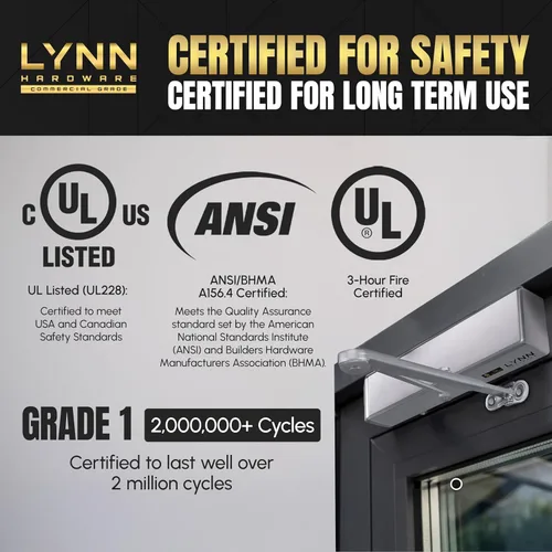 Vista 5 de LYNN HARDWARE Cierrapuertas automático extra resistente de servicio pesado (plateado) - Grado comercial, elección de contratistas, velocidad