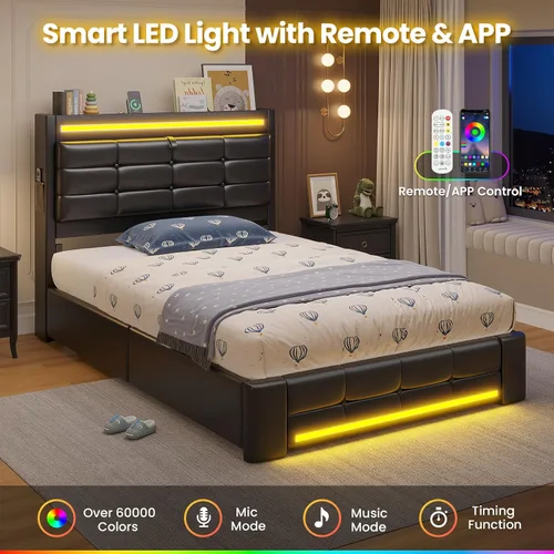 Vista 4 de ADORNEVE Estructuras de Cama Individual con Cabecera de Almacenamiento y 4 Cajones, Estructura de Cama LED con Estación de Carga, Cama Plataforma