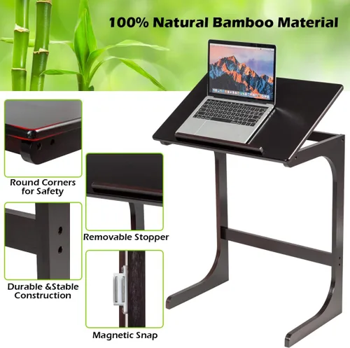 Vista 6 de Tangkula Mesa de sofá de bambú, mesa auxiliar ajustable de 7 ángulos con parte superior inclinable y patas estables, bandeja de TV portátil