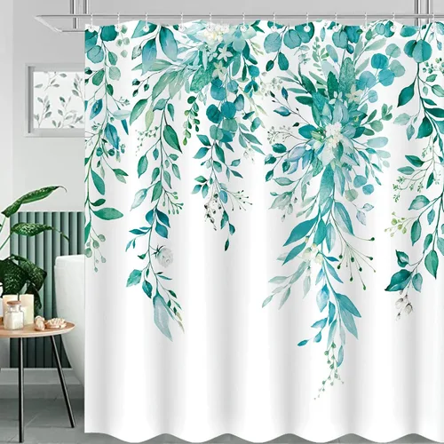 Vista 8 de Cortina de ducha extra larga de eucalipto gris y blanco de 84 pulgadas, cortinas de ducha de hojas florales grises para baño, cortina de baño