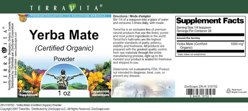 Vista 4 de Yerba Mate (Certificado Orgánico) Polvo (1 oz, ZIN: 518752)