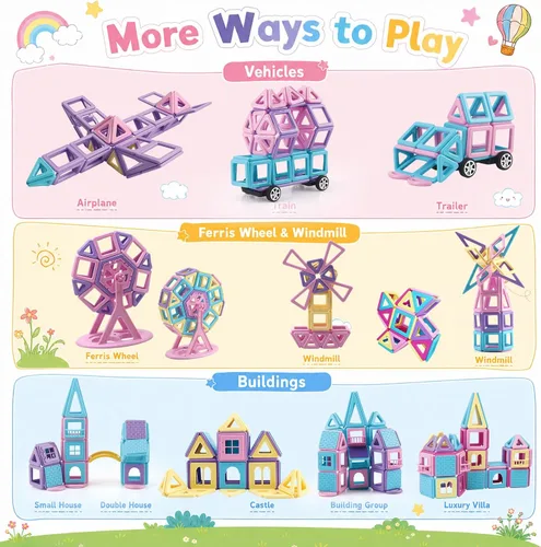 Vista 4 de Mini bloques de construcción de azulejos magnéticos, juguete de construcción STEM para niños, juego de construcción de castillo magnético, 58 piezas