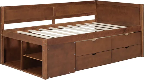 Vista 211 de Quarte Elegante cama de plataforma con estanterías en forma de L, cama de plataforma de madera tamaño individual con 2 cajones de almacenamiento