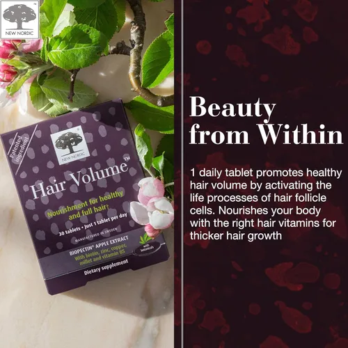 Vista 4 de New Nordic Tabletas de volumen para el cabello, 3000 mcg de biotina y extracto de manzana de biopectina, vitaminas para el cabello para apoyar