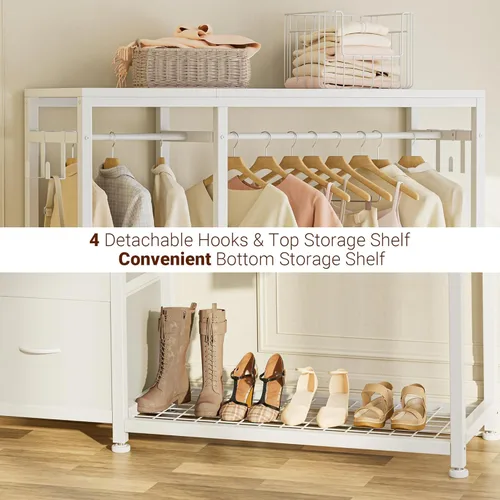 Vista 5 de Lulive Perchero de ropa resistente para colgar ropa, estantes de ropa industrial con estantes, 2 cajones de tela, 4 ganchos, 2 varillas para colgar