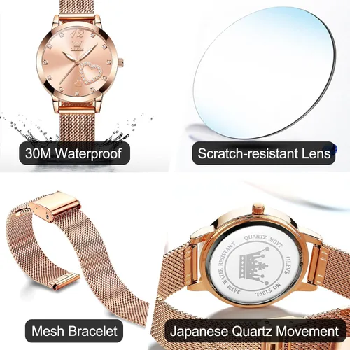 Vista 5 de Relojes de oro rosa para mujer, muñeca pequeña, preciosa abeja, corazón de diamantes, esfera romana, reloj de pulsera de malla de moda para mujer