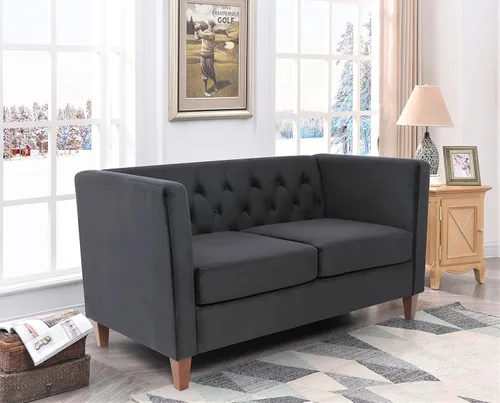 Vista 4 de Muebles clásicos con capitoné y modernos para sala de estar, sofá universitario con relleno, cómodo sofá de dos plazas de terciopelo para espacios