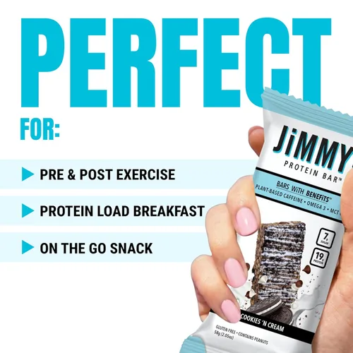 Vista 6 de JiMMY! Barras con Beneficios, Barra de Proteína, Cookies 'N Cream, 12 Barras, 2.05 oz (58 g) Cada Una